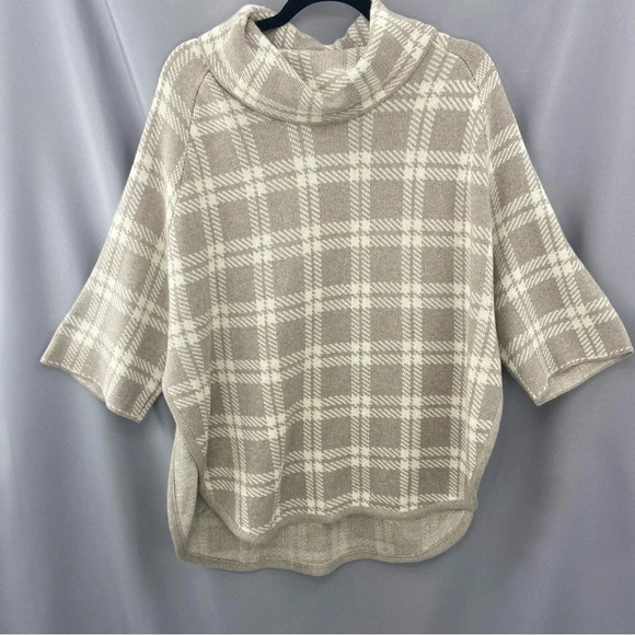 NWT Loft Outlet Tan Plaid 3/4 raglan sleeve Cape Poncho Cowl Neck Sweater - Picture 1 of 6